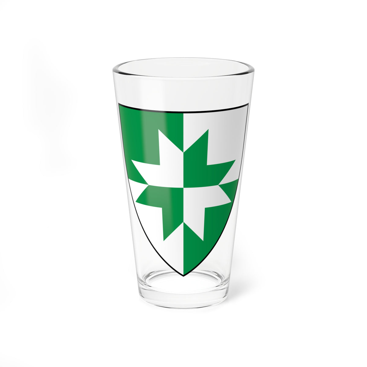 Flat heraldic shield in emerald green and white quarters, with a white cross-shaped figure at its centre.