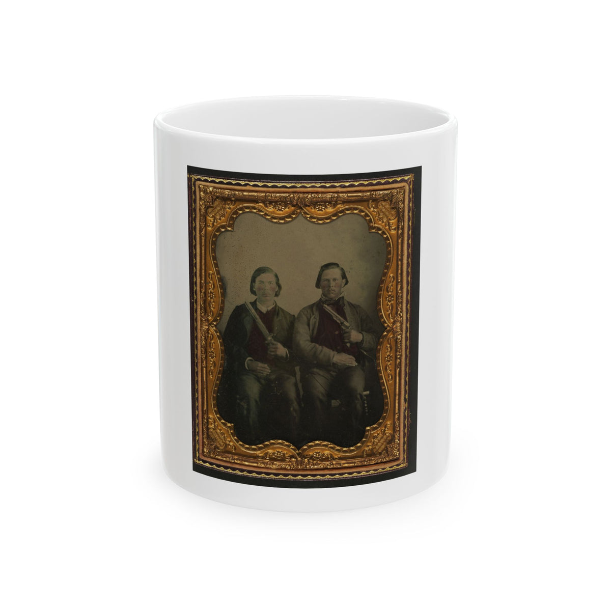 Two Unidentified Soldiers In Non-Regulation Confederate Uniforms With Single Shot Pistol And Colt Army Model 1860 Revolver (U.S. Civil War) White Coffee Mug