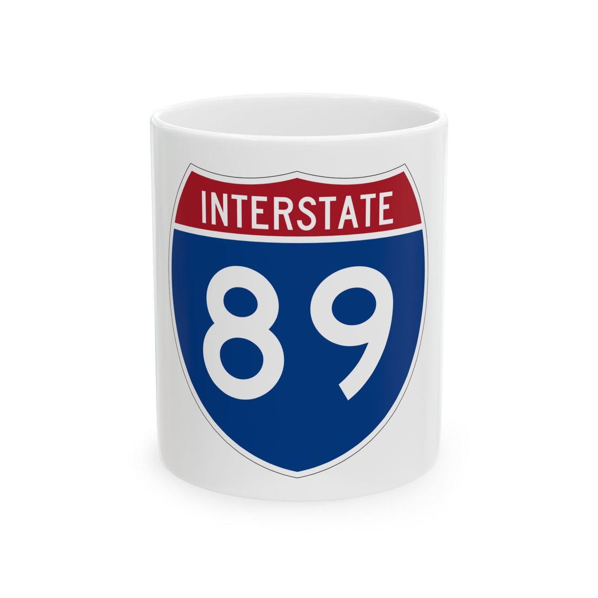 Flat vector US Interstate 89 route shield with a red top band reading INTERSTATE and white numerals 89 on navy.