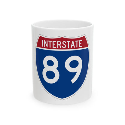 Flat vector US Interstate 89 route shield with a red top band reading INTERSTATE and white numerals 89 on navy.