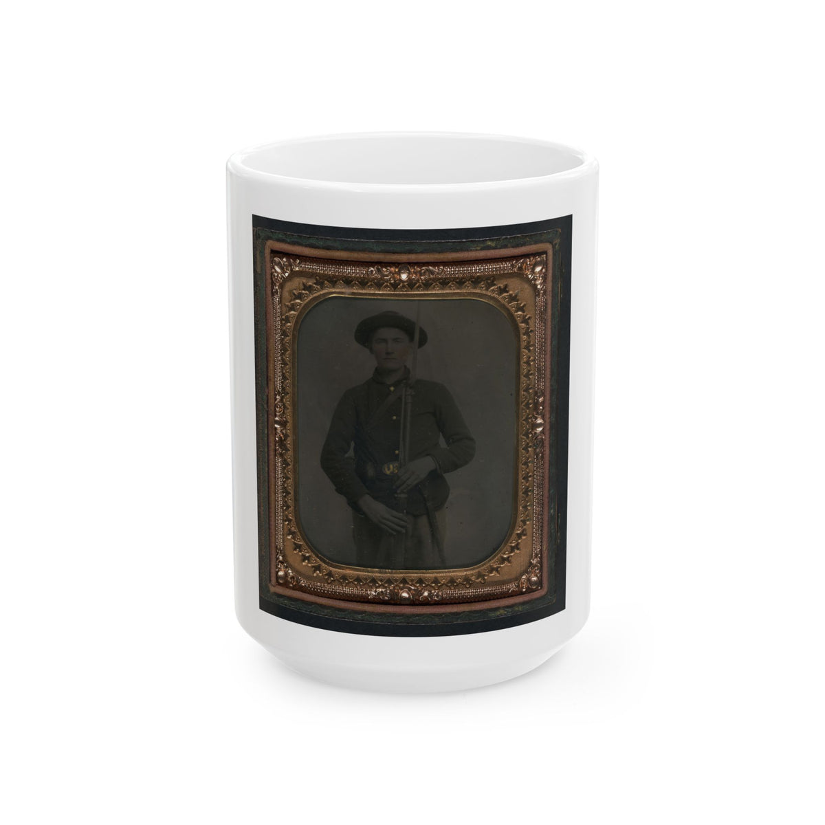 Unidentified Soldier In Union Uniform And Slouch Cap With Bayoneted Musket, Cap Box, Cartridge Box, And Bayonet Scabbard (U.S. Civil War) White Coffee Mug