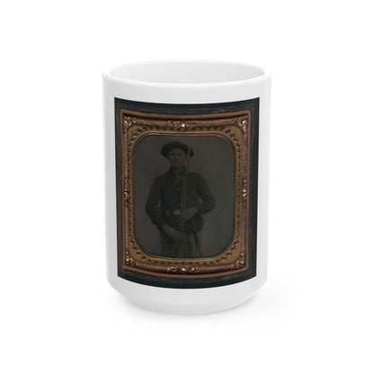 Unidentified Soldier In Union Uniform And Slouch Cap With Bayoneted Musket, Cap Box, Cartridge Box, And Bayonet Scabbard (U.S. Civil War) White Coffee Mug