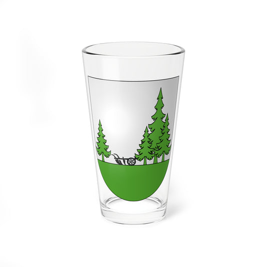 Four green fir trees and a black plough on a silver heraldic shield above a green base, in flat vector style.