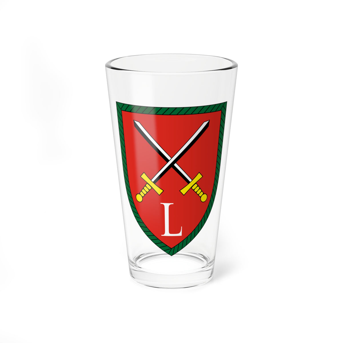 Crossed swords with yellow hilts and a white letter L on a red shield with a green hatched border.