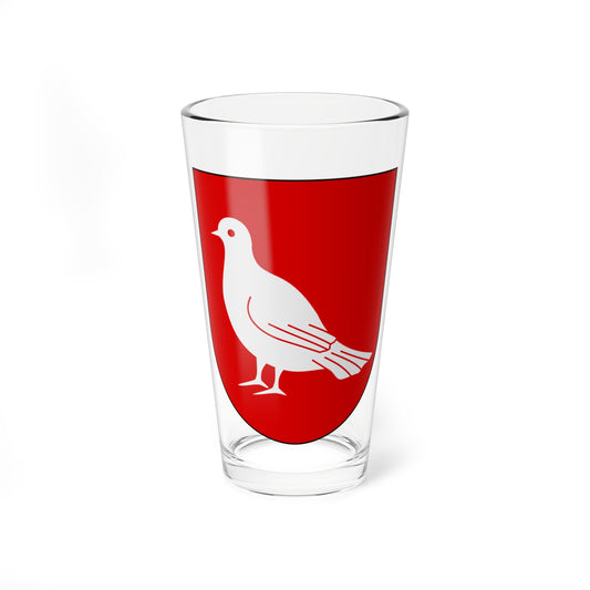 Pale grey dove walking to the right on a solid red heraldic shield with fine feather lines.