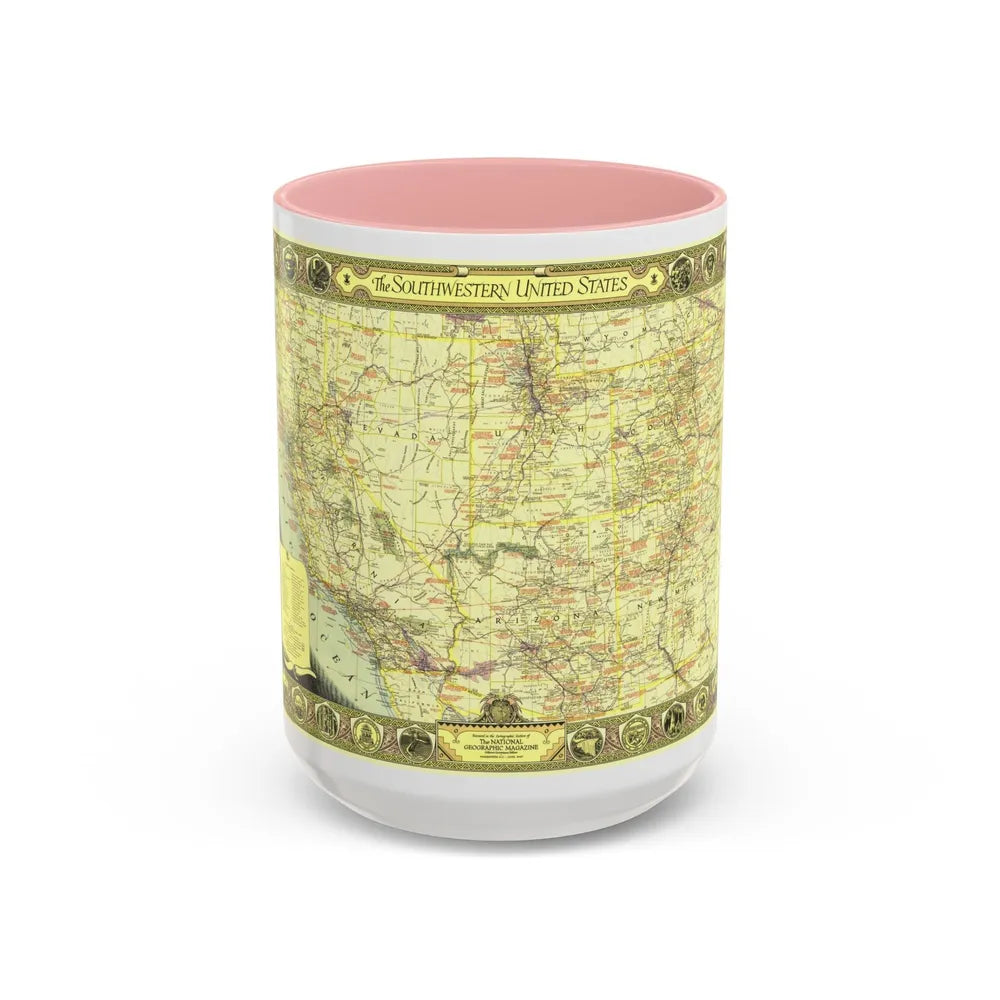 USA - Southwestern (1940) (Map) Accent Coffee Mug-15oz-Pink-Go Mug Yourself