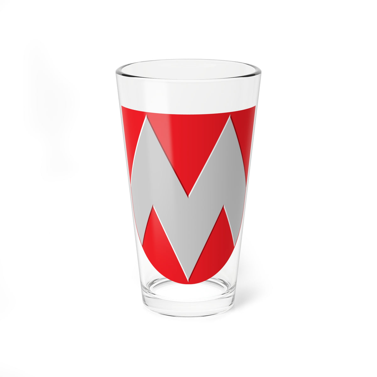 Red heraldic shield with a bold silver zigzag chevron band running across its face.