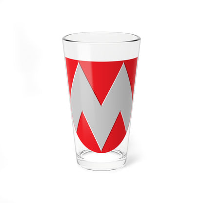 Red heraldic shield with a bold silver zigzag chevron band running across its face.