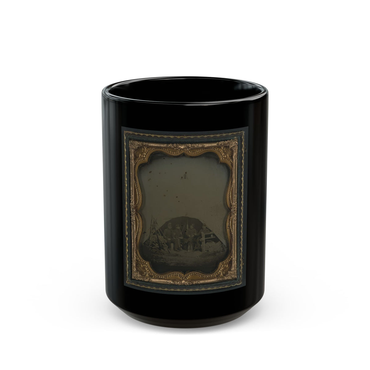 Three Unidentified Officers And A 1st Sergeant Of The 7th New Hampshire Infantry Regiment In Front Of A Sibley Tent (U.S. Civil War) Black Coffee Mug