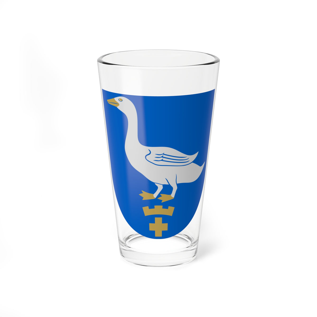 Silver goose standing above a crenellated gold bar and a cross on a blue heraldic shield.