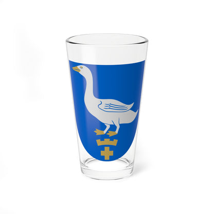 Silver goose standing above a crenellated gold bar and a cross on a blue heraldic shield.