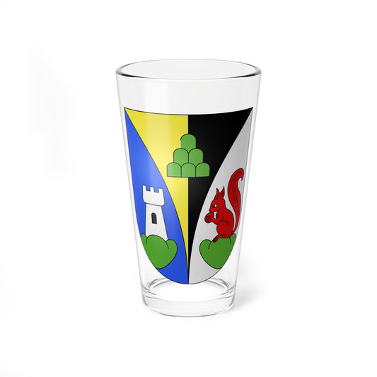 Red squirrel and white tower on green mounds across a divided blue, yellow, black and white heraldic shield.
