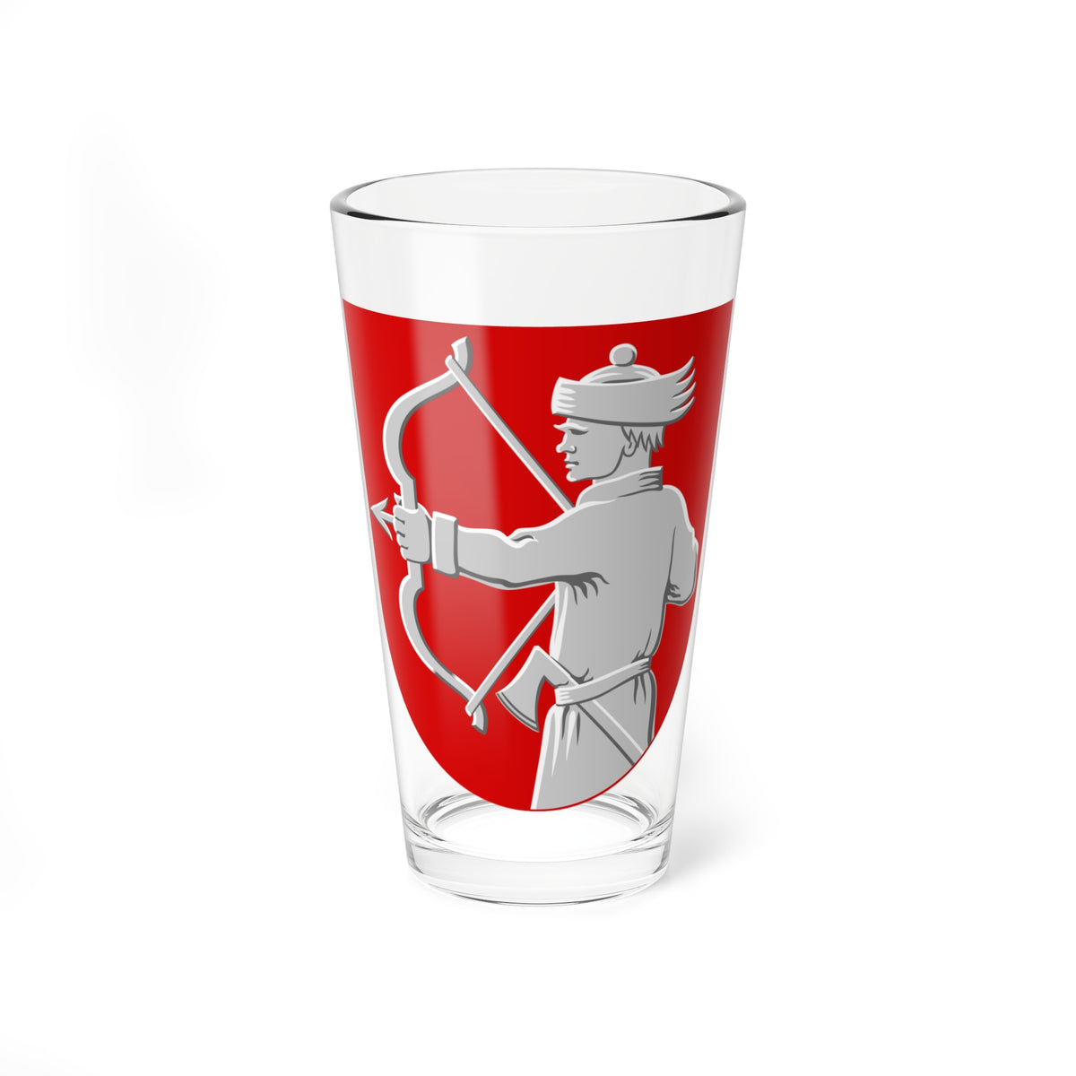 Silver archer in profile drawing a bow on a red heraldic shield, with an axe tucked at the waist.