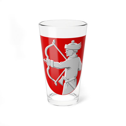Silver archer in profile drawing a bow on a red heraldic shield, with an axe tucked at the waist.