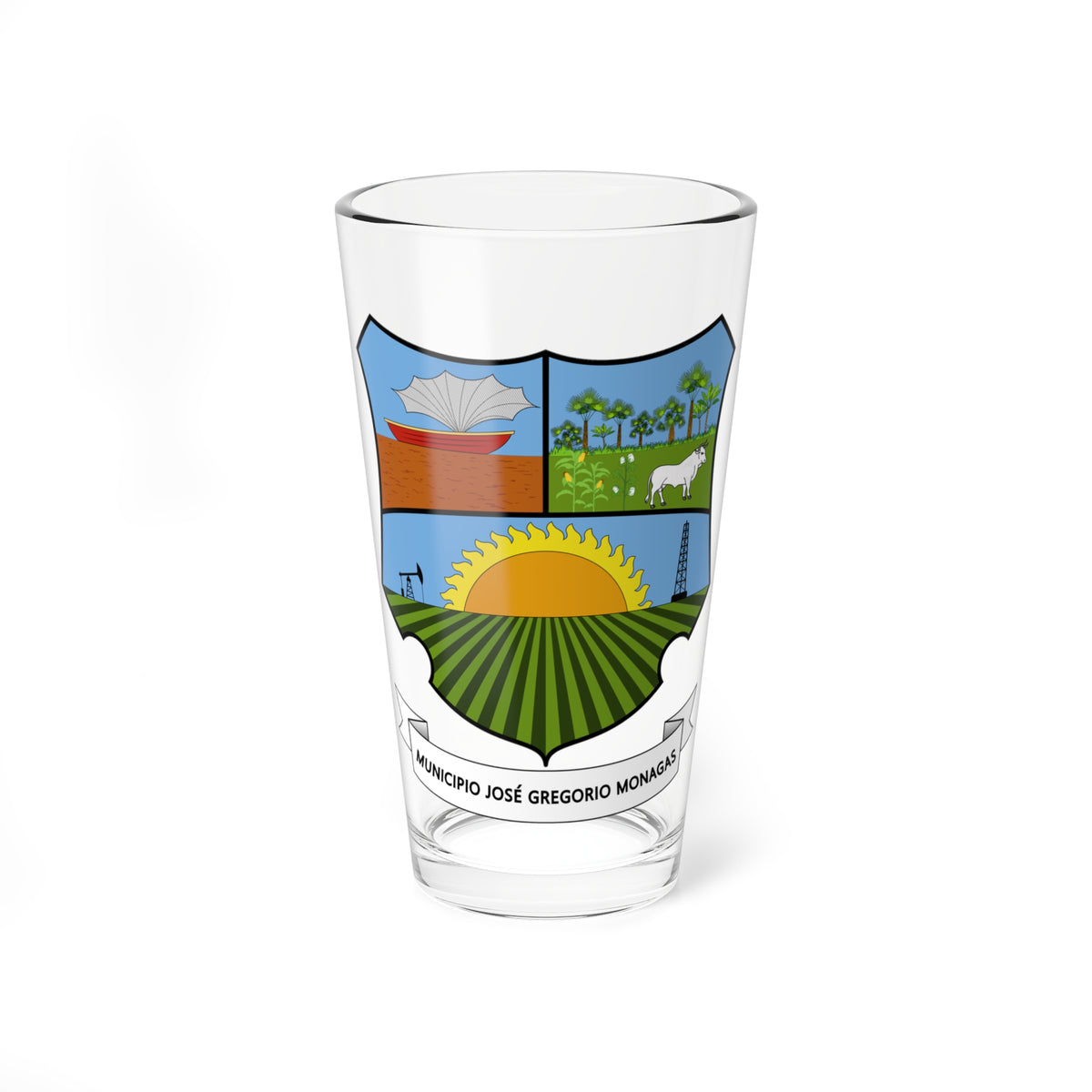 Flat vector coat of arms with a red boat and net, white bull, palm trees and a rising sun over striped fields.