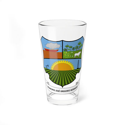 Flat vector coat of arms with a red boat and net, white bull, palm trees and a rising sun over striped fields.