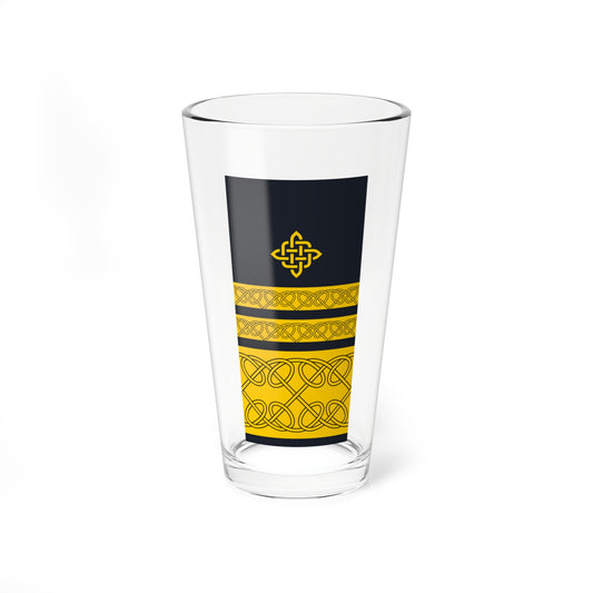 Navy vertical panel with a yellow Celtic knot emblem above three yellow bands of black-outlined knotwork.