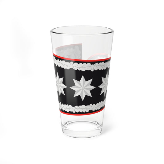 Tapered black shoulder board with red edging and silver oak leaves, three silver stars, a crescent and a round badge.