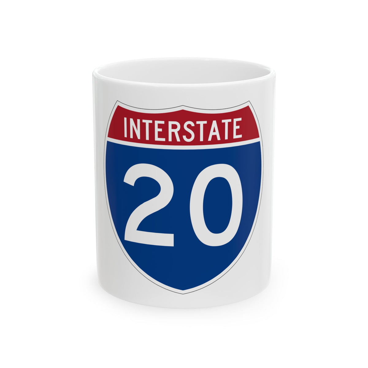 Navy and crimson Interstate 20 highway shield with INTERSTATE across the top and a large white route number.