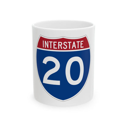 Navy and crimson Interstate 20 highway shield with INTERSTATE across the top and a large white route number.