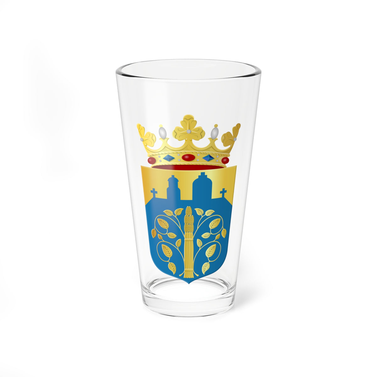 Heraldic arms with a gold crown, a gold chief of blue church towers, and a golden wheat stalk on blue.