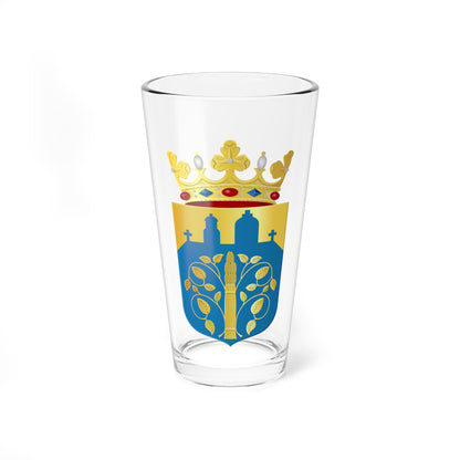 Heraldic arms with a gold crown, a gold chief of blue church towers, and a golden wheat stalk on blue.