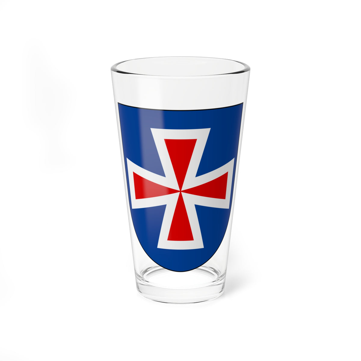 Red flared cross with a white outline centred on a royal blue heraldic shield in flat vector style.