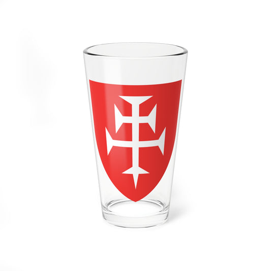 Red heraldic shield bearing a large white double-barred cross with splayed arms at its centre.