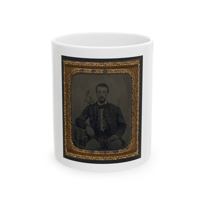 Hand-tinted tintype of a seated bearded man in a buttoned jacket, set in an ornate gold diamond-pattern case frame.