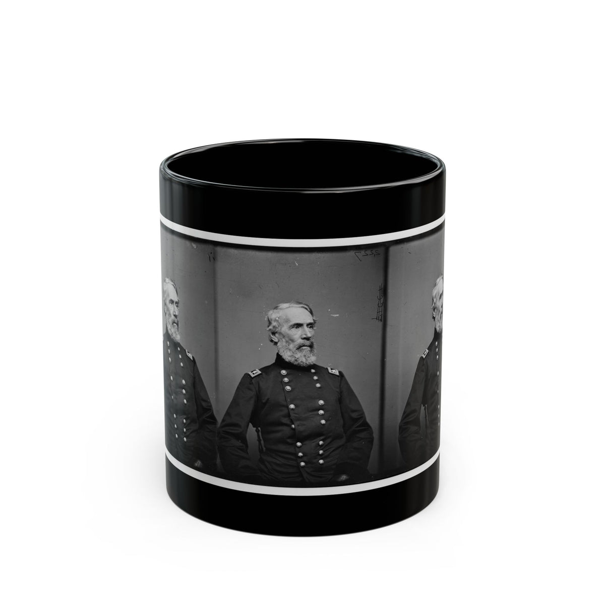 Black and white vintage triptych of one older bearded man in a dark military coat, repeated in three panels.