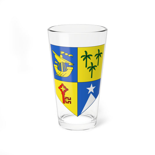 Heraldic shield in four fields with a ship, three palm trees, a red key and a white star above a mountain peak.
