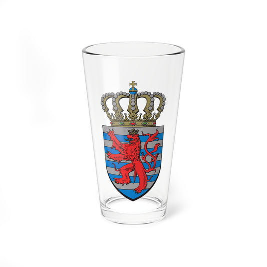 Red crowned lion rampant on a grey and blue striped shield, topped by a pearl-set golden crown.