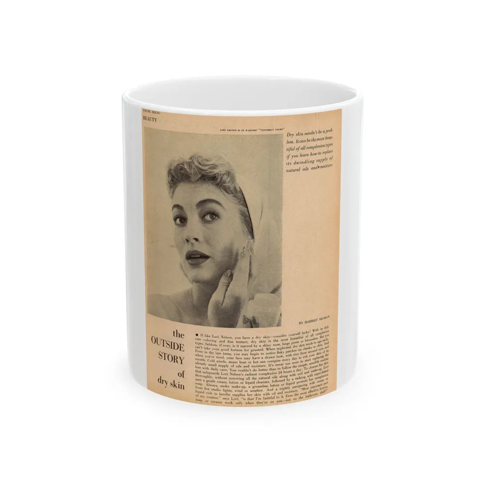 Lori Nelson #219 - Vintage B&W 8x10.5 Photo Glamour Head & Shoulder Shot putting on skin cream an add (Vintage Female Icon) White Coffee Mug-11oz-Go Mug Yourself