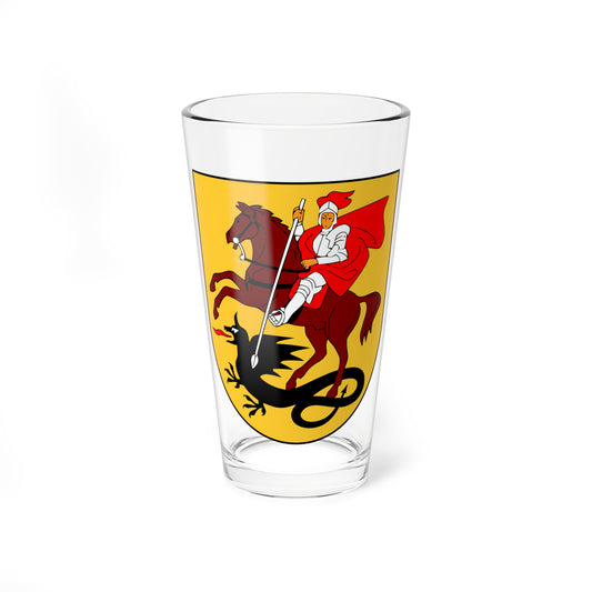 Armored knight in a red cloak on a rearing brown horse thrusts a lance into a black dragon.