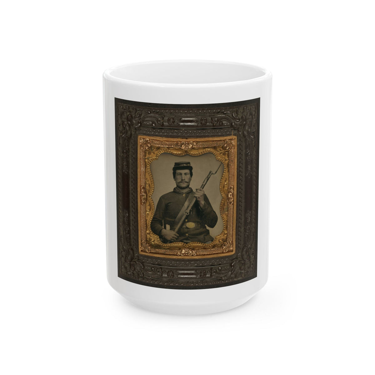Private William F. Bower Of Company D, 21st Ohio Regiment Infantry Volunteers, With Bayoneted Musket (U.S. Civil War) White Coffee Mug