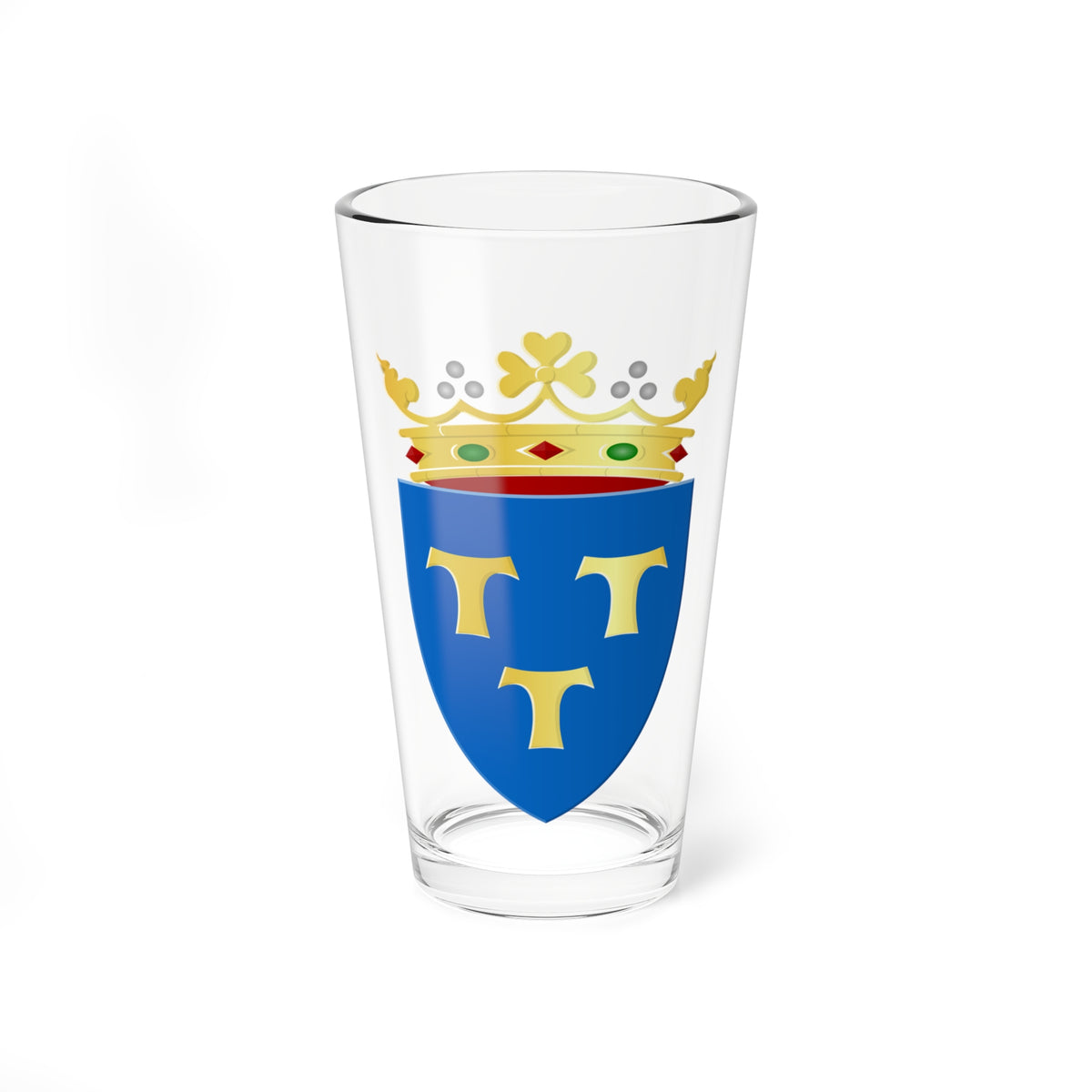 Blue heraldic shield with three gold tau crosses in a 2-1 arrangement, topped by a gold jewelled crown.