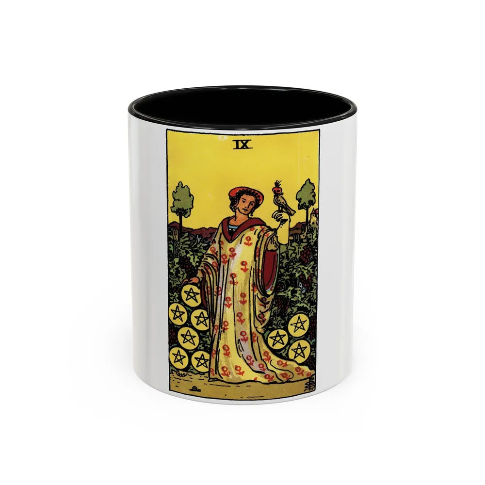 The 9 of Pentacles (Tarot Card) Accent Coffee Mug-11oz-Black-Go Mug Yourself