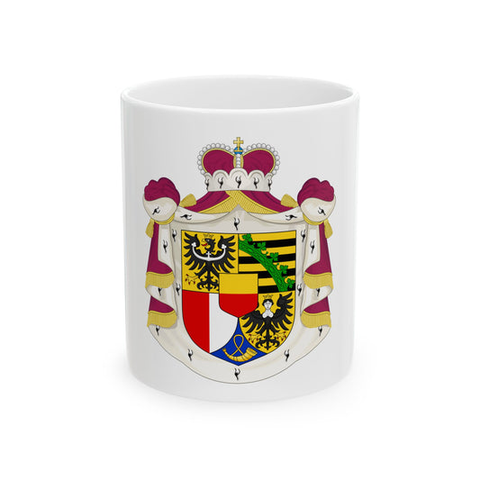 Princely coat of arms with a quartered shield of black eagles, green clover wreath and gold stripes under a crown.