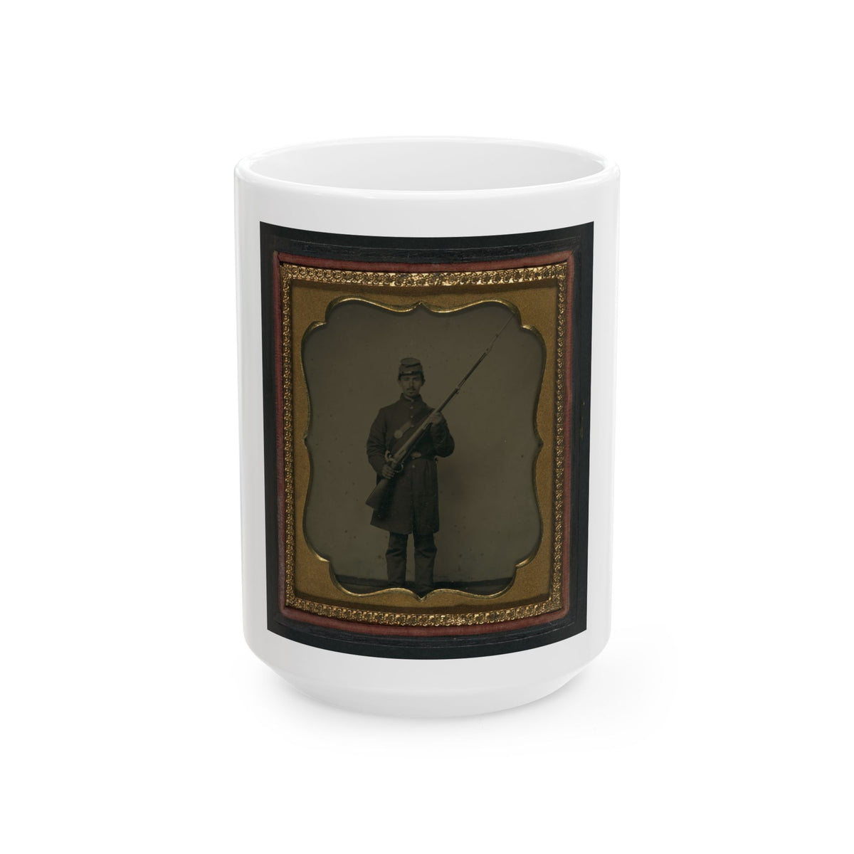 Unidentified Soldier In Union Frock Coat And Forage Cap With Bayoneted Musket (U.S. Civil War) White Coffee Mug
