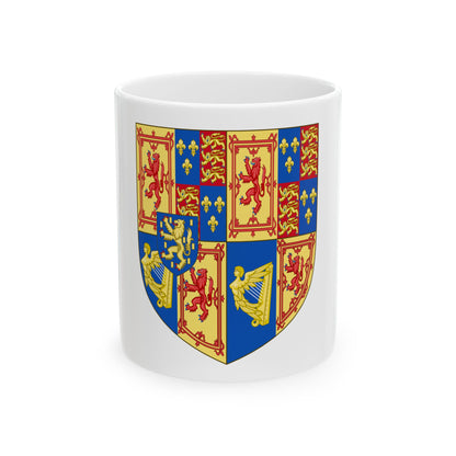 Quartered heraldic shield with red rampant lions, gold harps, blue fleurs-de-lis and a small gold lion at the centre.
