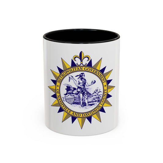 Gold and navy sunburst seal of Nashville, Tennessee, with an engraved standing figure, eagle and shield.