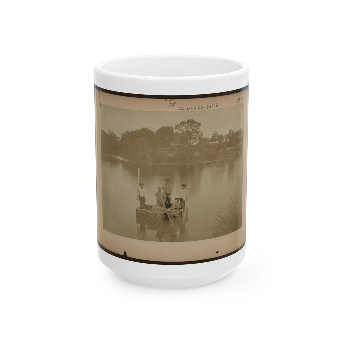 Military Construction In Northern Virginia  Five Men In Three Blanket Boats Strapped Together On The Potomac River (U.S. Civil War) White Coffee Mug