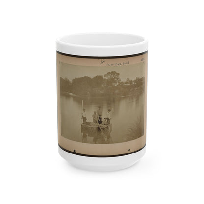 Military Construction In Northern Virginia  Five Men In Three Blanket Boats Strapped Together On The Potomac River (U.S. Civil War) White Coffee Mug