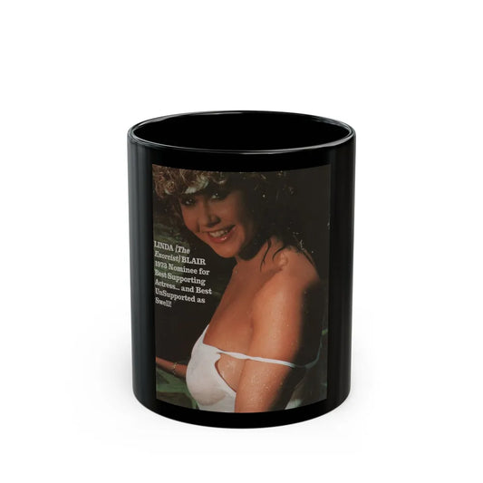 Linda Blair #340 - Circa 80's Magazine Clipping See through white wet top & one shoulder strap off (Vintage Female Icon) Black Coffee Mug-11oz-Go Mug Yourself