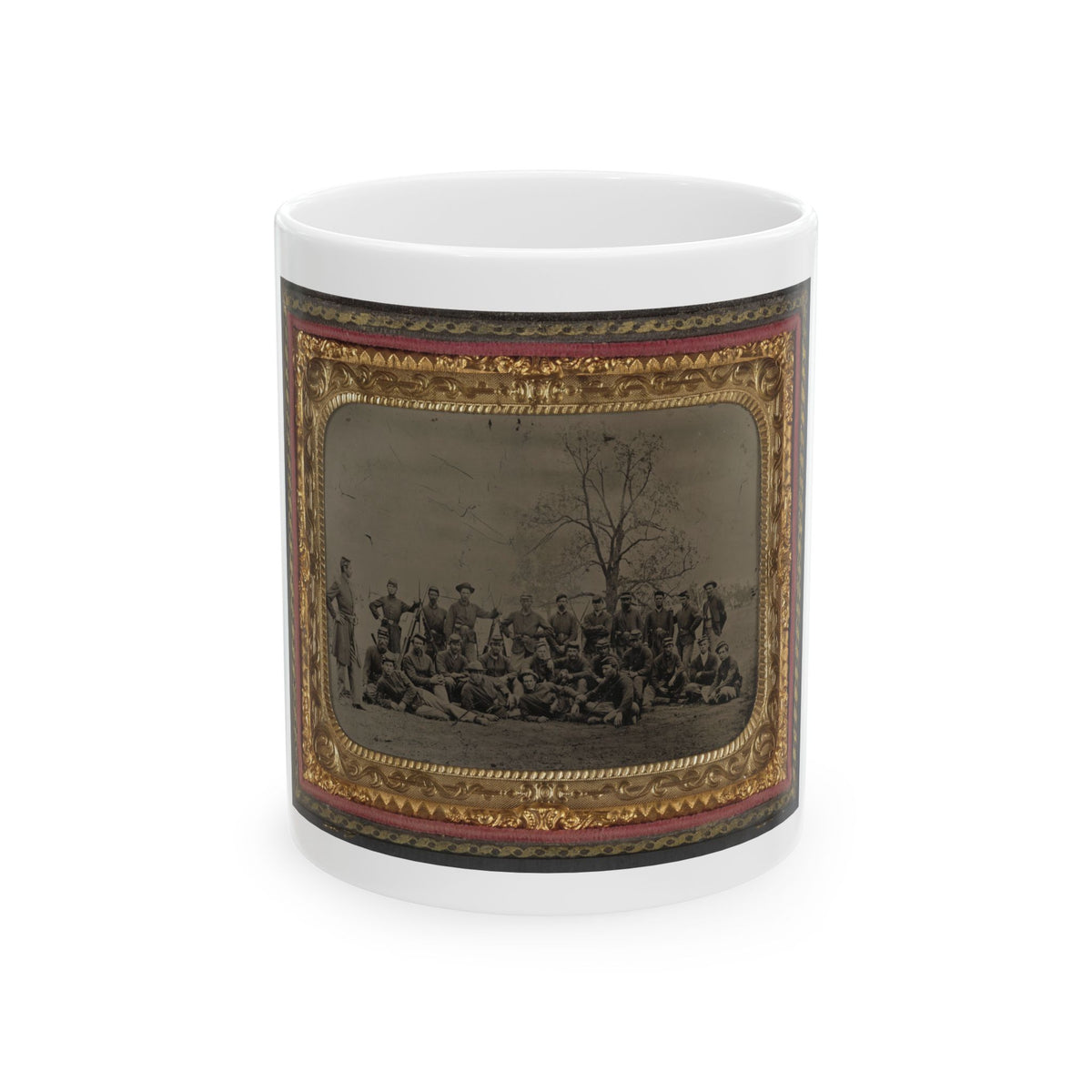 Group Of 26 Unidentified Soldiers In Union Uniforms With Stacked Bayoneted Muskets In Front Of Tree (U.S. Civil War) White Coffee Mug