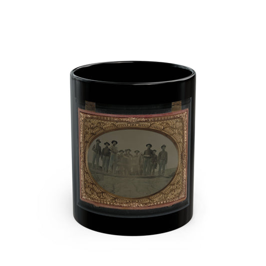 Sepia tintype of about ten men in hats and jackets, set in an ornate gilt oval frame inside a velvet-lined case.
