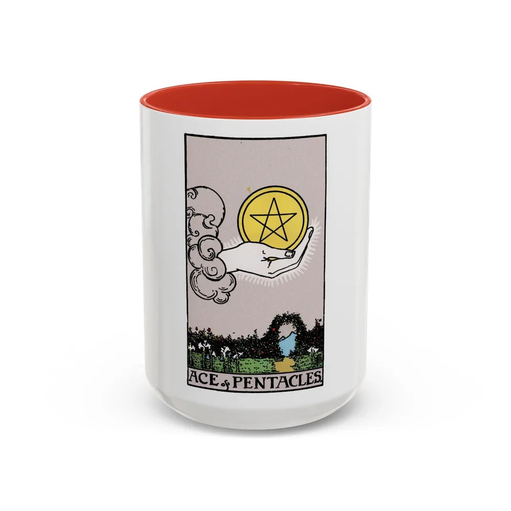 The Ace of p of Pentacles (Tarot Card) Accent Coffee Mug-15oz-Red-Go Mug Yourself