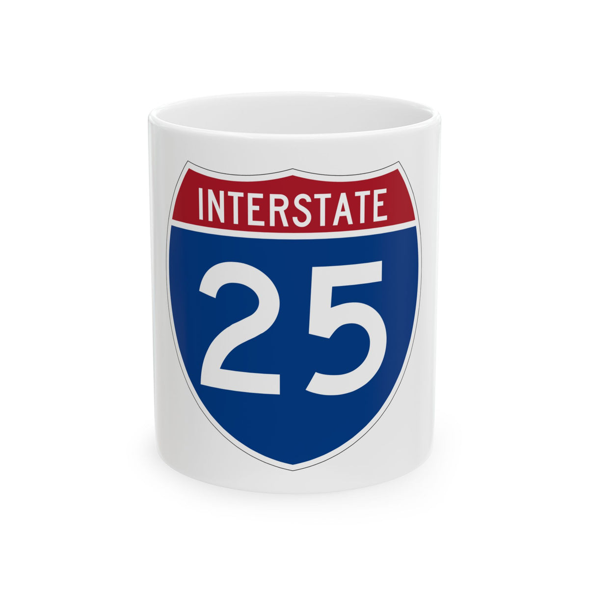 Interstate 25 route shield in flat vector: INTERSTATE across a red band, white number 25 on a deep blue field.