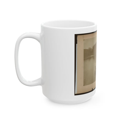 Military Construction In Northern Virginia  Five Men In Three Blanket Boats Strapped Together On The Potomac River (U.S. Civil War) White Coffee Mug