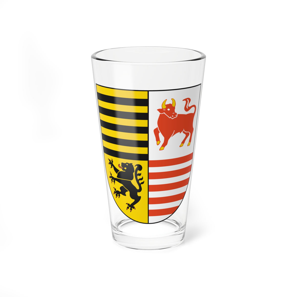Heraldic shield split by black and gold bars, with a black lion on gold, a red bull on white, and red and white stripes.